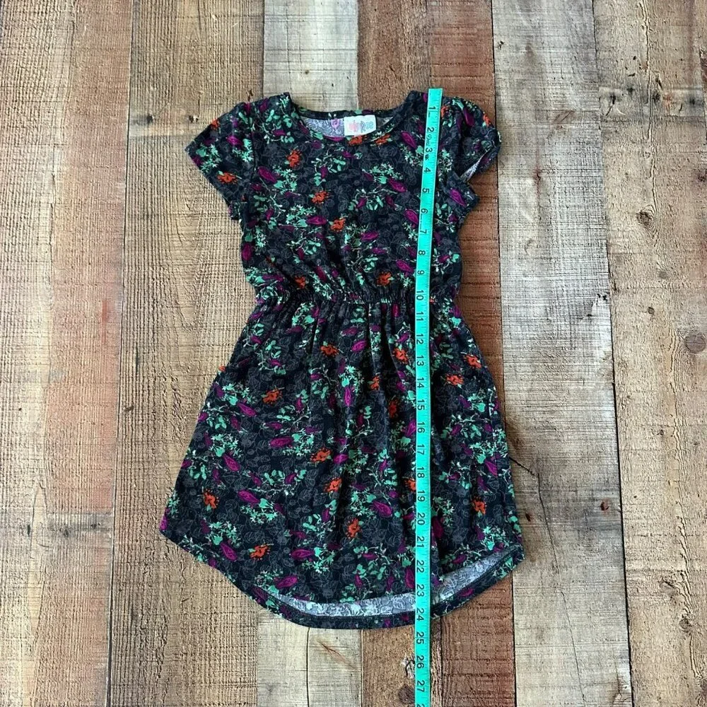 LuLaRoe Girls Floral Dress Size 6 Black Multicolor Short Sleeve Knee Length
